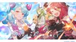  1boy 2girls balloon black_dress braid cake character_doll character_request cup dragalia_lost dragon_boy dragon_girl dragon_horns dress drinking_glass drinking_straw eating euden food gradient_hair green_hair hat holding holding_cup horns light_blue_hair long_hair looking_at_viewer mercury_(dragalia_lost) multicolored_hair multiple_girls mym_(dragalia_lost) official_art one_eye_closed orange_eyes party_hat party_popper pink_hair pointy_ears red_hair short_sleeves sleeveless sleeveless_dress wavy_hair white_dress yellow_eyes 