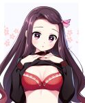  1girl :o black_serafuku bra breasts cleavage clothes_lift colored_tips contemporary floral_background hair_ribbon hands_up kamado_nezuko kanekiyo_miwa kimetsu_no_yaiba lace-trimmed_bra lace_trim lifted_by_self long_hair long_sleeves looking_at_viewer multicolored_hair pink_eyes pink_ribbon polka_dot polka_dot_bra purple_hair red_bra red_hair ribbon school_uniform serafuku shirt_lift solo streaked_hair underwear upper_body 