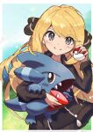  1girl arc_draws bangs blonde_hair blush border closed_mouth commentary_request cynthia_(pokemon) day eyelashes gible grey_eyes hair_ornament highres holding holding_poke_ball holding_pokemon long_hair long_sleeves outdoors poke_ball poke_ball_(basic) pokemon pokemon_(creature) pokemon_(game) pokemon_dppt smile solo split_mouth white_border younger zipper 