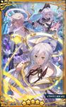  1boy 2girls bags_under_eyes dragalia_lost earrings gabriel_(dragalia_lost) glasses gloves green_eyes highres jewelry lipstick long_hair long_sleeves looking_at_viewer makeup mechanical_halo multiple_girls off_shoulder official_art orange_eyes purple_lips ramiel_(dragalia_lost) sandalphon_(dragalia_lost) short_hair white_gloves white_hair wrist_cuffs 