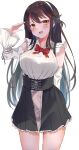  1girl :d alternate_costume black_hair black_skirt blush bow bowtie breasts brown_eyes calin commentary_request commission corset cowboy_shot detached_sleeves frilled_skirt frills hair_between_eyes hair_ornament hairband hairclip haruna_(kancolle) highres kantai_collection large_breasts long_hair looking_at_viewer red_bow red_bowtie simple_background skeb_commission skirt smile solo white_background white_hairband wide_sleeves 