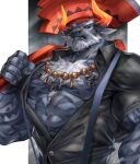  anthro axe beard blue_eyes bovid bovine cattle dislyte djoser_(dislyte) ear_piercing ear_ring facial_hair hi_res horn jewelry male mammal melee_weapon necklace piercing rabbity solo suspenders tattoo weapon white_beard 