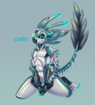  4_ears ambiguous_gender antenna_hair anthro avali black_arms blue_body blue_eyes claws dark_eyes feathered_tail feathers hair hi_res kivalewds light machine metal_feathers metallic_body multi_ear robot solo tube white_body 