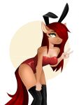  abstract_background anthro bunny_costume buvanybu clothing costume earth_pony equid equine fake_ears fake_rabbit_ears female gesture hair hi_res horse leaning leaning_forward leggings legwear mammal my_little_pony one_eye_obstructed pony red_hair simple_background solo v_sign 