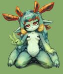  4_fingers 6_arms arthropod breasts digital_media_(artwork) female fingers frown gesture green_body green_hair hair hi_res humanoid humanoid_pointy_ears insect kneeling looking_at_viewer multi_arm multi_limb navel nude null_skull red_eyes simple_background solo v_sign 