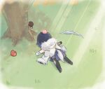  1girl black_hair bow_(weapon) braid chibi coat coat_on_shoulders food fruit fur_trim genshin_impact grass lying on_stomach outdoors short_hair solo tree_shade weapon white_coat xinzoruo yelan_(genshin_impact) 