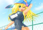  armpits artist_request blonde_hair blush breasts covered_navel covered_nipples dark_magician_girl duel_monster fang green_eyes huge_breasts impossible_clothes impossible_swimsuit long_hair name_tag navel one-piece_swimsuit one_eye_closed open_mouth puffy_nipples school_swimsuit skin_tight smile solo swimsuit translation_request wand wet yuu-gi-ou yuu-gi-ou_duel_monsters 
