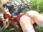  against_tree anus armor ass bekkankou bent_over black_hair blush decensored eleanor_fortworth game_cg gloves long_hair looking_back nature presenting princess_holiday pussy red_eyes skirt skirt_lift solo thighhighs third-party_edit tree uncensored 