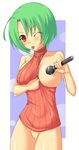  ;p bottomless breast_slip breasts buresu copyright_request covered_nipples green_hair large_breasts microphone no_panties one_breast_out one_eye_closed pussy red_eyes short_hair solo tongue tongue_out turtleneck 