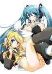  aqua_eyes aqua_hair blonde_hair blue_eyes blush boots bottomless breast_suppress detached_sleeves flat_chest hair_ornament hair_ribbon hairclip hatsune_miku headset hermmy kagamine_rin long_hair lying masturbation multiple_girls nipples on_back open_clothes open_mouth open_shirt ribbon school_uniform serafuku shirt short_hair smile tattoo twintails very_long_hair vocaloid 