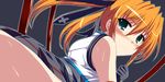  bare_shoulders blush dress green_eyes ibuki_pon long_hair looking_at_viewer looking_back lowres lyrical_nanoha mahou_shoujo_lyrical_nanoha_strikers orange_hair sleeveless sleeveless_dress solo teana_lanster thighs twintails white_dress 