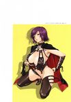  breasts cape chaps choker copyright_request covered_nipples crotch_rub happoubi_jin highres large_breasts masturbation nail_polish purple_hair purple_nails short_hair solo thighhighs wedgie whip 