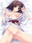  bed breasts buresu japanese_clothes lying medium_breasts memories_off memories_off_2nd nipples no_bra no_panties puffy_nipples pussy red_eyes short_hair solo tobise_tomoe 