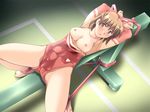  armpits arms_up bdsm bondage bound breasts brown_eyes brown_hair dutch_angle fujimiya_koyuki game_cg hair_ribbon large_breasts leotard lying nipples red_leotard ribbon shintaisou short_hair solo spread_legs tears wet wet_clothes zatou 