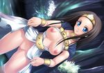  blue_eyes bottomless bracelet breasts brown_hair cape choker circlet dragon_quest dragon_quest_viii dutch_angle forest highres jewelry large_breasts long_hair medea nature no_bra no_panties open_clothes open_shirt princess pussy shinozuka_jouji shirt solo wading water 