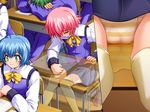  ahoge artist_request blue_hair blush bow bowtie chair classroom closed_eyes cross-section desk gadget_(game) game_cg green_eyes indoors multiple_girls nonaka_maho panties pantyshot pee peeing peeing_self pink_hair school school_desk school_uniform short_hair sitting smile striped striped_panties tears thighhighs under_table underwear wet wet_clothes wet_panties white_legwear x-ray zettai_ryouiki 