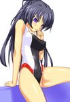  blue_hair blush breasts buresu censored competition_swimsuit covered_nipples highleg highleg_swimsuit impossible_clothes impossible_swimsuit large_breasts long_hair memories_off memories_off_2nd one-piece_swimsuit pee peeing ponytail purple_eyes pussy solo suzuna_takano swimsuit swimsuit_aside 