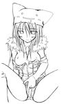  alchemist_(ragnarok_online) blush breasts cleavage deviruchi_hat elbow_gloves fingering gloves greyscale hand_in_panties hat kaminagi_(kaminagi-tei) masturbation medium_breasts monochrome nipples panties ragnarok_online sitting skirt solo underwear 