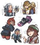  +++ 3boys 3girls :d akari_(pokemon) allister_(pokemon) arc_phone arezu_(pokemon) backpack bag bangs black_hair black_shorts blush brown_bag brown_hair cigarette commentary_request cowlick dark-skinned_male dark_skin gloria_(pokemon) grey_jacket head_scarf highres holding holding_cigarette holding_phone hood hood_down hooded_jacket hop_(pokemon) jacket jumpsuit multiple_boys multiple_girls open_mouth pantyhose phone pointing pokemon pokemon_(game) pokemon_legends:_arceus pokemon_swsh shirt short_hair shorts sidelocks smile smoking tirarizun translation_request volo_(pokemon) white_background 