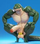  3d_(artwork) abs anthro ball_ring ball_weight balls big_balls big_penis blender_(software) blue_background connivingrat crocodile crocodilian crocodylid crouching digital_media_(artwork) genitals green_body helm_(connivingrat) hi_res humanoid_genitalia humanoid_penis male muscular muscular_male navel nude penis reptile scalie sharp_teeth simple_background solo teeth yellow_sclera 