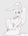  2022 anthro areola big_breasts breasts chest_tuft choker eyebrow_through_hair eyebrows eyelashes female hair hi_res jewelry lagomorph leporid long_hair looking_at_viewer mammal monochrome necklace nipples nude ponytail rabbit scorpdk sitting smile solo translucent translucent_hair tuft 