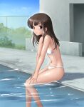  1girl bikini brown_eyes brown_hair budda_(pixiv2124) bush commentary_request fence highres jimiko long_hair navel original partially_submerged pool sitting solo sparkle swimsuit water white_bikini 