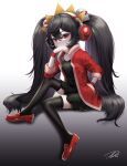  1girl :&lt; absurdres ashley_(warioware) black_dress black_hair black_legwear blush dress full_body gradient gradient_background hair_ornament headphones highres jacket long_hair looking_at_viewer open_mouth puchiman red_eyes red_footwear red_jacket shoes simple_background sitting skull_hair_ornament solo symbol-only_commentary thighhighs twintails warioware wristband 
