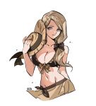  1girl bangs bare_shoulders bikini black_bikini black_bow blonde_hair blue_eyes bow breasts brown_bikini cleavage collarbone commentary eyebrows_visible_through_hair fire_emblem fire_emblem:_three_houses fire_emblem_heroes groin hair_bow hair_over_shoulder hand_up hat holding holding_clothes holding_hat large_breasts long_hair looking_at_viewer mercedes_von_martritz midriff navel official_alternate_costume sarong side_ponytail silvercandy_gum smile solo stomach straw_hat sun_hat swimsuit 