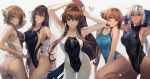  5girls armpits arms_up ass bangs black_hair black_swimsuit blue_swimsuit blurry breasts brown_hair closed_mouth competition_swimsuit dark-skinned_female dark_skin glasses green_eyes hair_between_eyes highres kantai_collection kasumi_(skchkko) knees_up large_breasts long_hair looking_at_viewer multiple_girls musashi_(kancolle) mutsu_(kancolle) nagato_(kancolle) off_shoulder one-piece_swimsuit red_eyes short_hair straight_hair sweater swimsuit thighs very_long_hair water wet white_hair white_sweater 