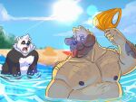  2022 anthro beach belly big_belly black_body blush brown_body canid canine canis detailed_background domestic_dog duo giant_panda male mammal moobs nipples outside overweight overweight_male seaside smollsaid sun tongue tongue_out ursid water white_body 