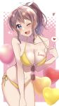  1girl aranami_shibuki balloon bang_dream! bikini blue_eyes breasts brown_hair cleavage collarbone cowboy_shot gyaru hair_ribbon heart heart_balloon highres kogal large_breasts leaning_forward long_hair looking_at_viewer one_eye_closed ponytail ribbon side-tie_bikini solo swimsuit yamabuki_saaya yellow_bikini 