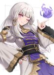  1girl ;) bangs breasts closed_mouth dress fire_emblem fire_emblem:_three_houses fire_emblem_warriors:_three_hopes gold_trim gonzarez hair_ornament hand_on_hip highres long_hair long_sleeves looking_at_viewer lysithea_von_ordelia magic official_alternate_costume one_eye_closed pink_eyes simple_background sleeves_past_wrists small_breasts smile solo upper_body white_background white_dress white_hair 