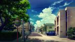 blue_sky building car cloud commentary_request cumulonimbus_cloud ground_vehicle highres house mituura motor_vehicle no_humans original power_lines road scenery shadow sky street summer traffic_mirror tree utility_pole 