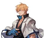  1boy blonde_hair blue_eyes blue_gloves capelet collarbone fingernails gloves guilty_gear guilty_gear_strive highres hungry_clicker ky_kiske male_focus partially_fingerless_gloves pectoral_cleavage pectorals portrait short_hair solo white_background white_capelet 