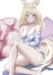  1girl animal_ears arknights bangs bare_legs bare_shoulders blonde_hair blue_eyes blush breasts cleavage commentary english_commentary grey_shirt highres horse_ears knee_up krirk large_breasts long_hair long_sleeves looking_at_viewer no_pants off_shoulder panties shirt simple_background sitting solo tail thighs underwear whislash_(arknights) white_background white_panties 