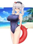  1girl absurdres abyssal_ship arms_behind_back beach blue_eyes blue_sky blue_swimsuit breasts cloud competition_swimsuit covered_navel cowboy_shot day enemy_lifebuoy_(kancolle) grey_hair highres kantai_collection kashima_(kancolle) large_breasts looking_at_viewer one-piece_swimsuit outdoors pachio sidelocks sky solo standing swimsuit twintails wavy_hair 