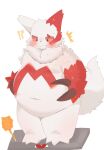 2022 anthro belly big_belly blush bodily_fluids exclamation_point hi_res kemono nintendo overweight pok&eacute;mon pok&eacute;mon_(species) question_mark red_body rokacake solo surprise sweat video_games white_body zangoose 