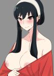  1girl bare_shoulders black_hair blush breasts cleavage earrings grey_background h2o_(ddks2923) hairband highres jewelry long_hair looking_at_viewer nipples red_eyes simple_background smile solo spy_x_family sweatdrop yor_briar 