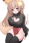  1girl animal_ear_fluff animal_ears annytf black_gloves black_legwear black_sweater breasts brown_eyes brown_hair cleavage cleavage_cutout clothing_cutout covered_navel etoria fingerless_gloves fox_ears fox_girl fox_tail gloves groin hair_ornament hand_on_own_chest highleg highleg_leotard highres indie_virtual_youtuber leotard leotard_under_clothes long_hair looking_at_viewer no_pants open_mouth red_leotard smile solo star_(symbol) star_hair_ornament sweater tail thigh_gap thighhighs thighs virtual_youtuber 