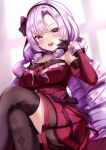  1girl :d bangs blush breasts brown_gloves brown_legwear crossed_legs dress drill_hair feet_out_of_frame gloves hairband hand_up highres hyakumantenbara_salome large_breasts long_hair long_sleeves looking_at_viewer nijisanji purple_eyes purple_hair red_dress sitting smile solo thighhighs very_long_hair virtual_youtuber yuano 