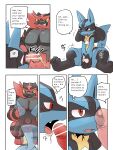  3:4 balls black_body black_fur blue_body blue_fur blush bodily_fluids censor_bar censored comic dialogue duo edit english_text erection fangs fellatio fur genitals green_eyes hard_translated hi_res incineroar lucario male male/male nintendo open_mouth oral penile penis pok&eacute;mon pok&eacute;mon_(species) pu_sukebe red_body red_eyes red_fur saliva sex sitting speech_bubble tears text thought_bubble tongue tongue_out translated translucent video_games yellow_body yellow_fur 