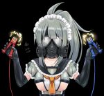  1girl alternate_costume black_gloves breasts elbow_gloves electricity electrodes enmaided gas_mask gloves green_hair holding kantai_collection large_breasts long_hair maid maid_headdress mask neckerchief orange_neckerchief ponytail rubber_gloves solo tk8d32 upper_body yuubari_(kancolle) 