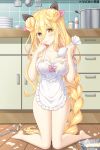  1girl absurdly_long_hair apron blonde_hair blush breasts cream date_a_live eyebrows_visible_through_hair finger_to_mouth highres hoshimiya_mukuro kitchen kneeling large_breasts long_hair looking_at_viewer naked_apron solo suggestive_fluid tsubasaki_666 very_long_hair white_apron yellow_eyes 