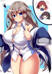  3girls :x anchor_hair_ornament azur_lane bangs blue_coat blue_eyes blue_panties blunt_bangs blush bottle breasts brown_hair bursting_breasts character_request chibi chibi_inset cleavage closed_mouth coat collared_shirt commentary_request covered_nipples denver_(azur_lane) drink eyebrows_visible_through_hair flying_sweatdrops hair_between_eyes hair_ornament hairband highres holding holding_drink kamishiro_(rsg10679) large_breasts lightning_bolt_symbol long_hair looking_at_viewer multiple_girls panties red_eyes reeds shirt squiggle standing thighs twitter_username underwear very_long_hair white_shirt 