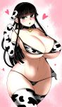  1girl absurdres animal_ears animal_print bangs bell bikini black_hair blunt_bangs blush breasts collar cow_print elbow_gloves eyebrows_visible_through_hair gloves haseru_(ginku_mh) heart highres horns huge_breasts long_hair looking_at_viewer navel open_mouth original solo swimsuit thighhighs wide_hips 