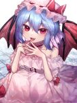  1girl :d bangs bare_shoulders bat_wings blue_hair bow dress eyebrows_visible_through_hair fangs frills hair_between_eyes hat hat_ribbon highres looking_at_viewer mob_cap nail_polish off-shoulder_dress off_shoulder open_mouth pink_dress puffy_short_sleeves puffy_sleeves red_bow red_eyes red_nails red_ribbon remilia_scarlet ribbon short_hair short_sleeves slit_pupils smile solo touhou unime_seaflower white_background wings 