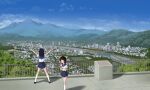  2girls arms_up black_hair blue_sailor_collar blue_skirt blue_sky bridge brown_hair budda_(pixiv2124) building city cityscape cloud commentary_request fence highres kneehighs medium_hair mountain multiple_girls neckerchief original red_neckerchief river rooftop sailor_collar scenery school_uniform serafuku shadow skirt sky tree white_legwear 