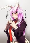  1girl animal_ears blazer blush breasts gradient gradient_background grey_background hair_between_eyes highres huge_breasts jacket koyubi_(littlefinger1988) long_hair long_sleeves looking_to_the_side necktie purple_hair rabbit_ears red_eyes reisen_udongein_inaba shirt simple_background solo steepled_fingers touhou very_long_hair white_shirt 