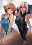  2girls armpits arms_up black_swimsuit blue_swimsuit breasts brown_hair competition_swimsuit dark-skinned_female dark_skin glasses green_eyes highres kantai_collection kasumi_(skchkko) knees_up large_breasts long_hair looking_at_viewer multiple_girls musashi_(kancolle) mutsu_(kancolle) one-piece_swimsuit red_eyes short_hair swimsuit wet white_hair 