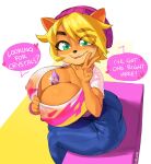  &lt;3 5_fingers absurd_res activision anthro bandicoot beanie between_breasts big_breasts big_butt blonde_hair borvar bottomwear breasts butt cleavage clothed clothing coco_bandicoot crash_bandicoot_(series) crystal denim denim_clothing dialogue edit erect_nipples female fingers gesture green_eyes hair hat headgear headwear hi_res huge_breasts jeans looking_at_viewer mammal marsupial nipples open_mouth open_smile pants shirt sitting smile solo speech_bubble talking_to_viewer text thick_thighs tight_bottomwear tight_clothing tight_jeans tight_pants topwear translucent translucent_clothing translucent_hair v_sign video_games 